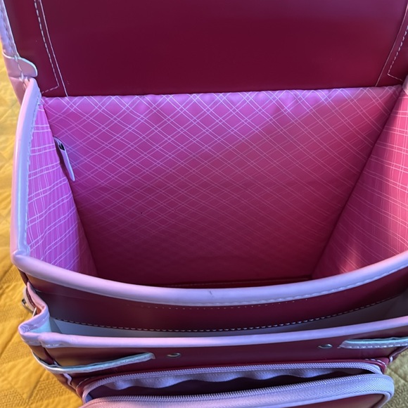 Red Japanese School Bag with pink trim and reflective stripes. - Picture 9 of 13